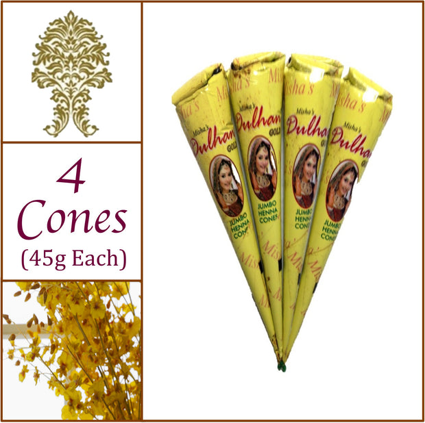 4 Jumbo Cones Dulhan Gold Henna Paste No Chemicals No PPD 45g Each