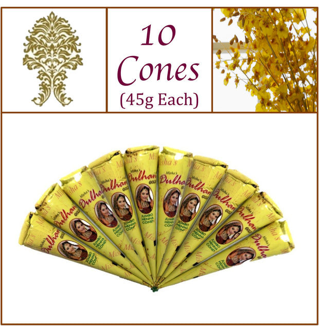 10 Jumbo Cones Dulhan Gold Henna Paste No Chemicals No PPD 45g Each