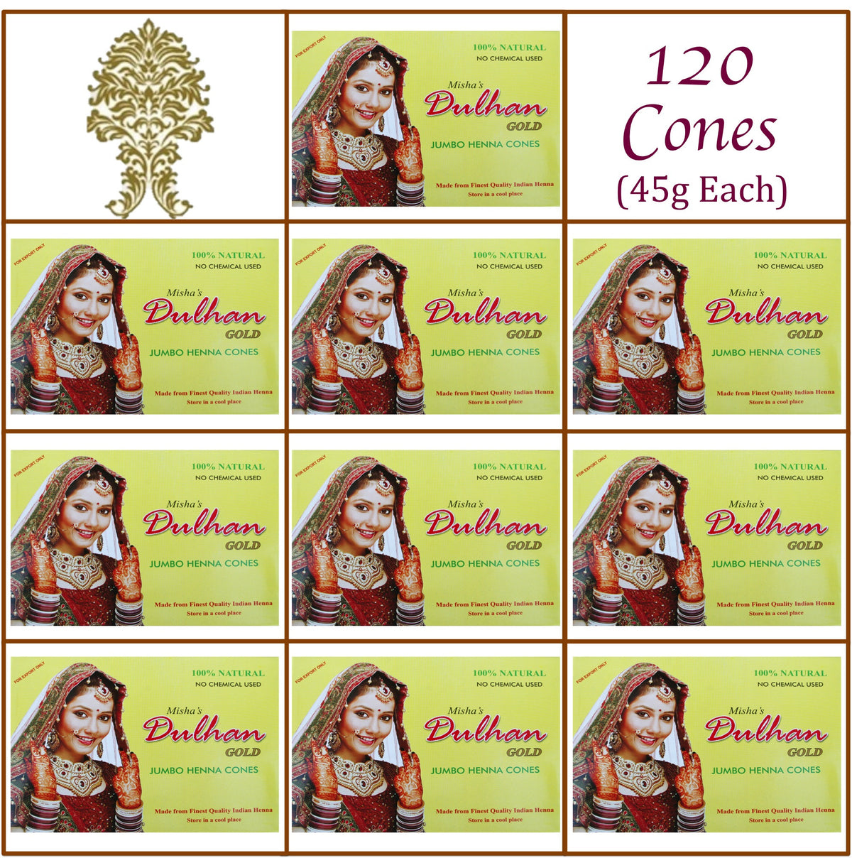 10 Boxes Dulhan Gold Henna Paste 120 Jumbo Cones 45g Each