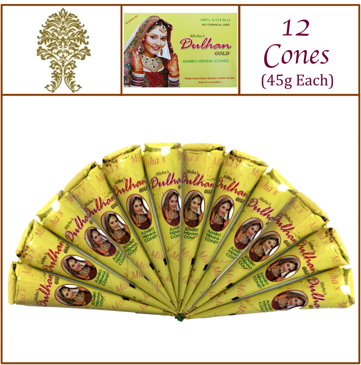 12 Jumbo Cones Dulhan Gold Henna Paste No Chemicals No PPD 45g Each