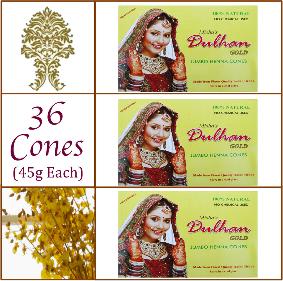 3 Boxes Dulhan Gold Henna Paste 36 Jumbo Cones 45g Each