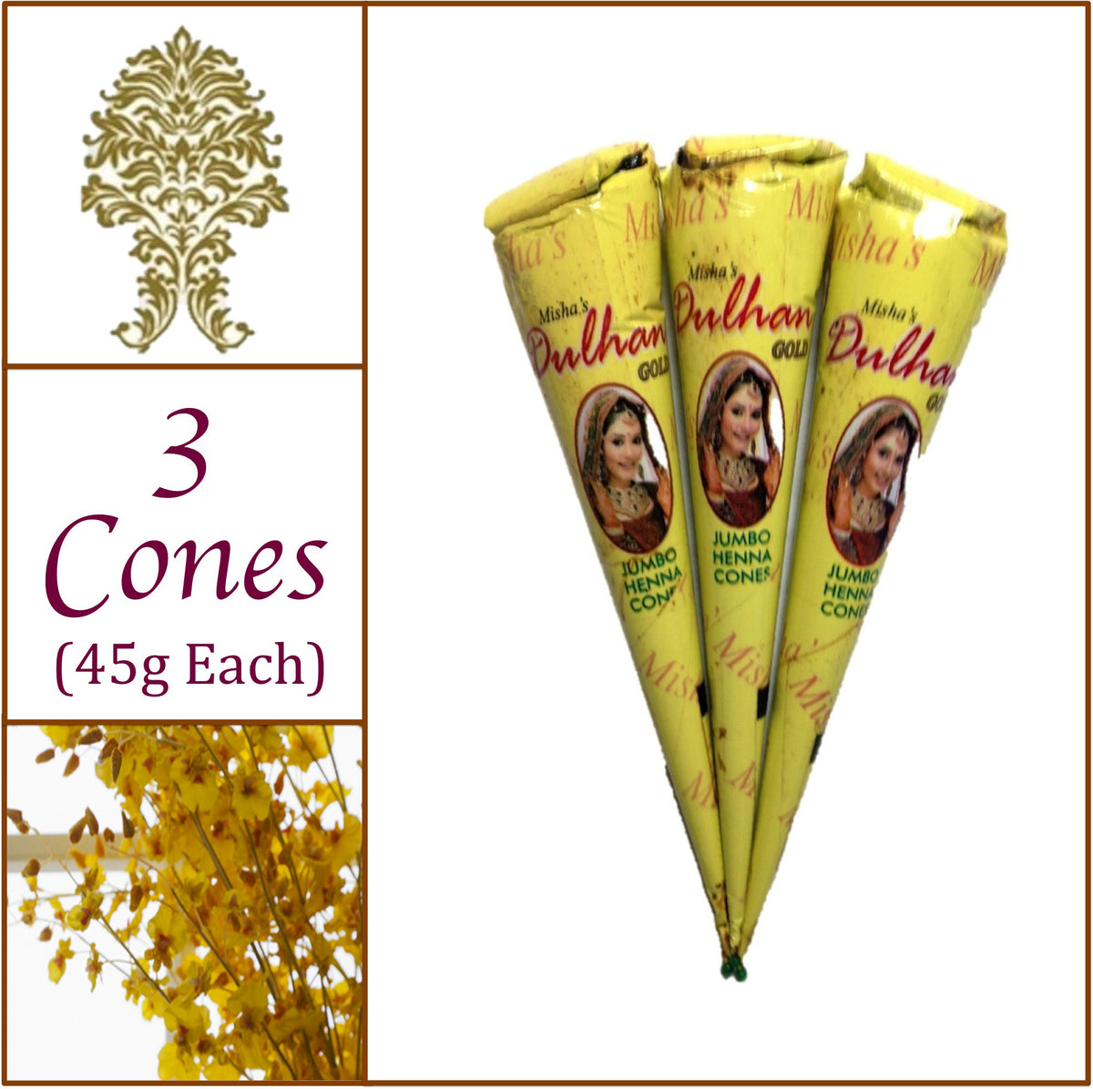 3 Jumbo Cones Dulhan Gold Henna Paste No Chemicals No PPD 45g Each