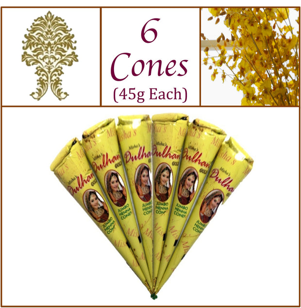 6 Jumbo Cones Dulhan Gold Henna Paste No Chemicals No PPD 45g Each