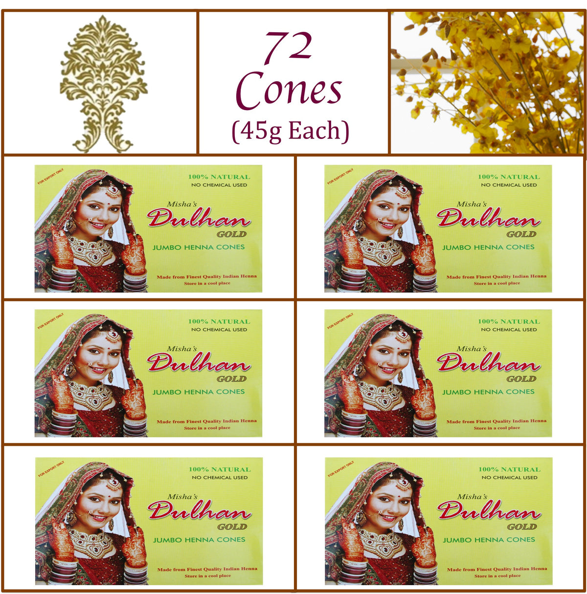 6 Boxes Dulhan Gold Henna Paste 72 Jumbo Cones 45g Each