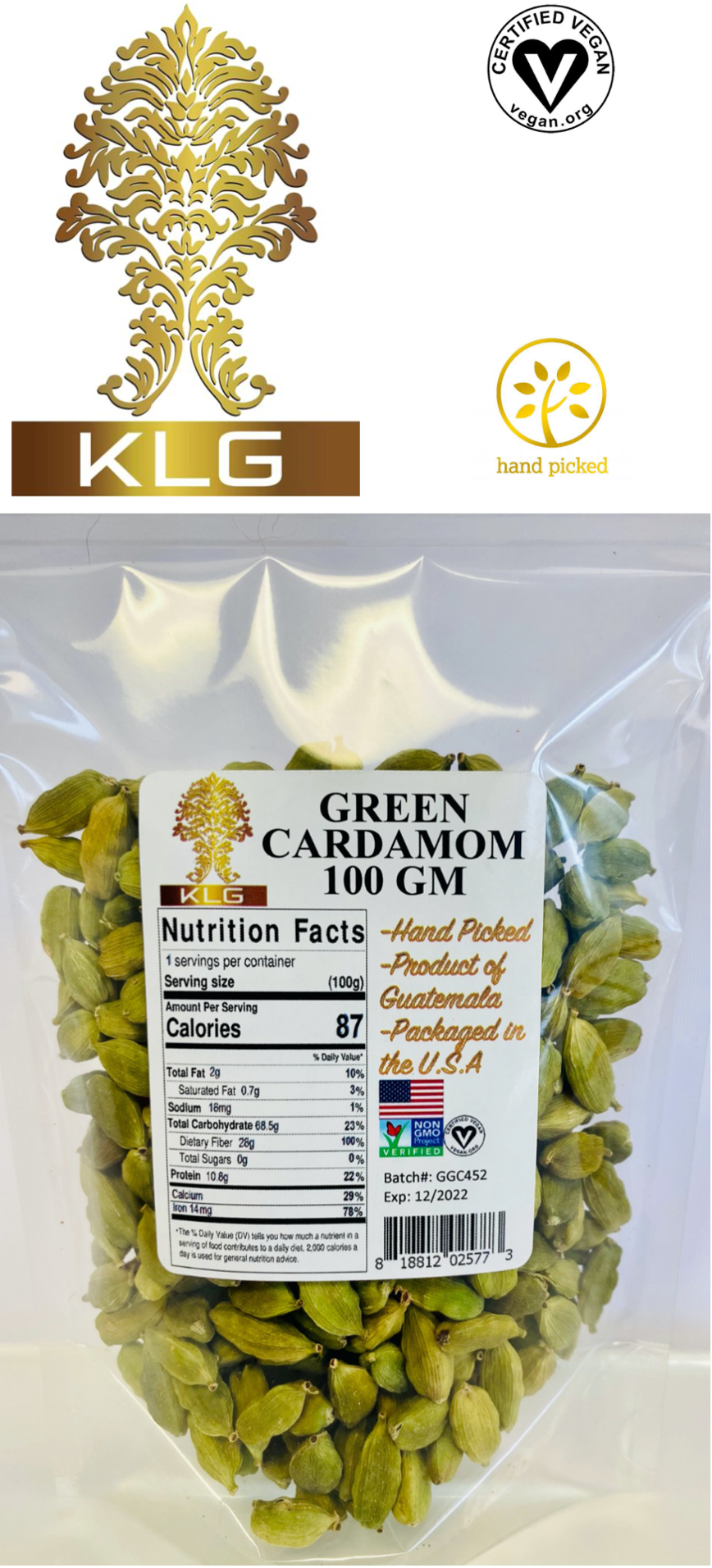 ONE Bag Natural Green Whole Cardamom Pods Extra Fancy Grade 100gm
